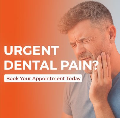 Man holding his cheek in pain next to text about urgent dental pain